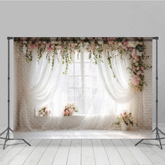Aperturee - Aperturee Elegant White Sheer Curtains and Floral Window Photography Backdrop Romantic Pink Flowers and Greenery Decor