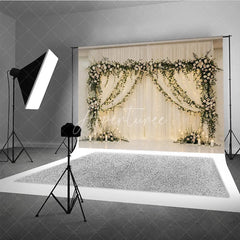 Aperturee - Aperturee Elegant White Sheer Drapes Photography Backdrop Romantic Floral Garlands and String Lights Decor