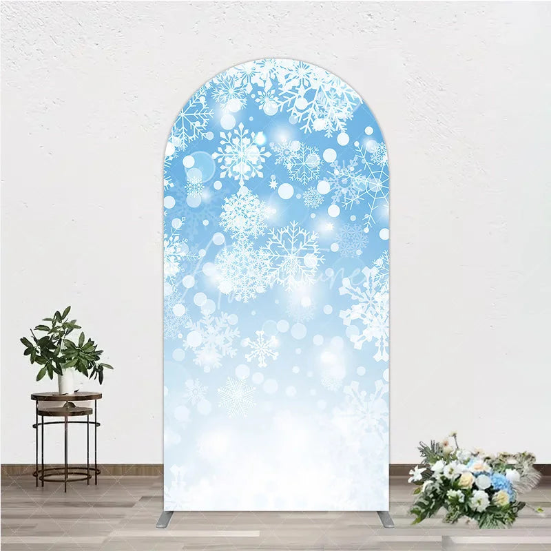 Aperturee - Aperturee Elegant White Snowflakes Blue Gradient Bokeh Round Top Arch Backdrop Winter Wonderland Holiday Party Decor