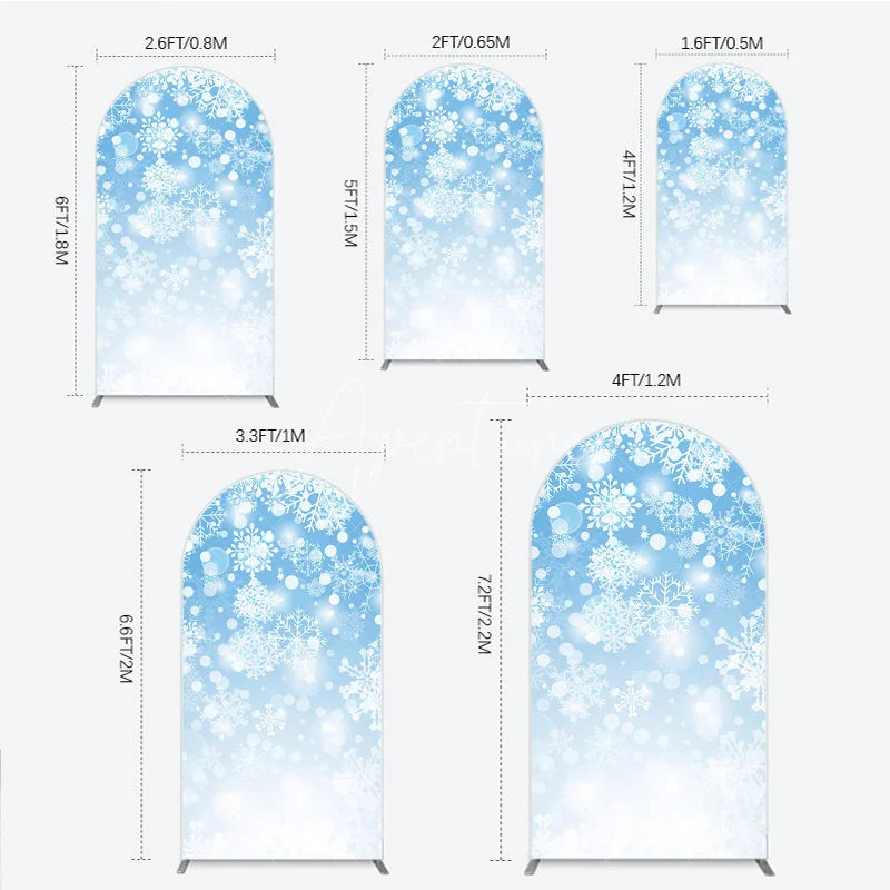 Aperturee - Aperturee Elegant White Snowflakes Blue Gradient Bokeh Round Top Arch Backdrop Winter Wonderland Holiday Party Decor