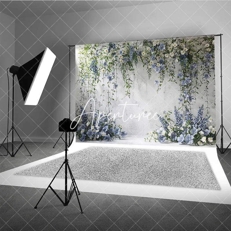 Aperturee - Aperturee Elegant White Textured Wall with Blue and White Floral Vines Photography Backdrop Wedding Party Portrait Decor