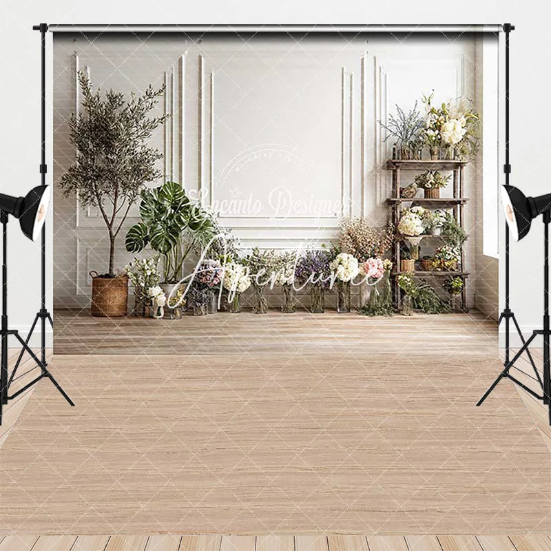 Aperturee - Aperturee Elegant White Wainscoting Wall and Wood Floor Combo Set Backdrop with Floral and Greenery Decor for Studio Photography