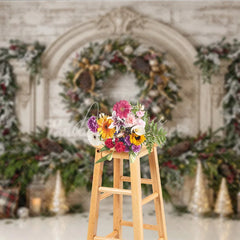 Aperturee - Aperturee Elegant White Wood Fireplace Christmas Holiday Backdrop Frosted Garland Pinecones and Red Berries Winter Celebration