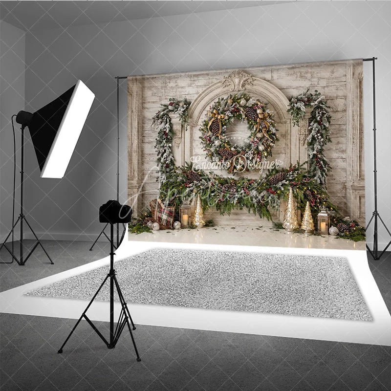 Aperturee - Aperturee Elegant White Wood Fireplace Christmas Holiday Backdrop Frosted Garland Pinecones and Red Berries Winter Celebration