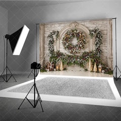 Aperturee - Aperturee Elegant White Wood Fireplace Christmas Holiday Backdrop Frosted Garland Pinecones and Red Berries Winter Celebration