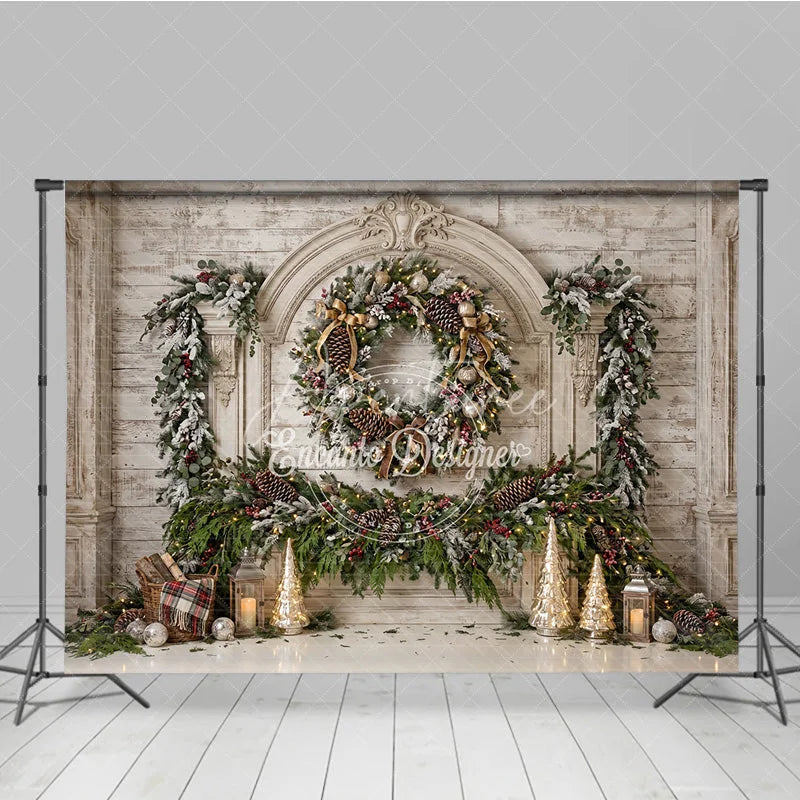 Aperturee - Aperturee Elegant White Wood Fireplace Christmas Holiday Backdrop Frosted Garland Pinecones and Red Berries Winter Celebration