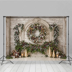Aperturee - Aperturee Elegant White Wood Fireplace Christmas Holiday Backdrop Frosted Garland Pinecones and Red Berries Winter Celebration