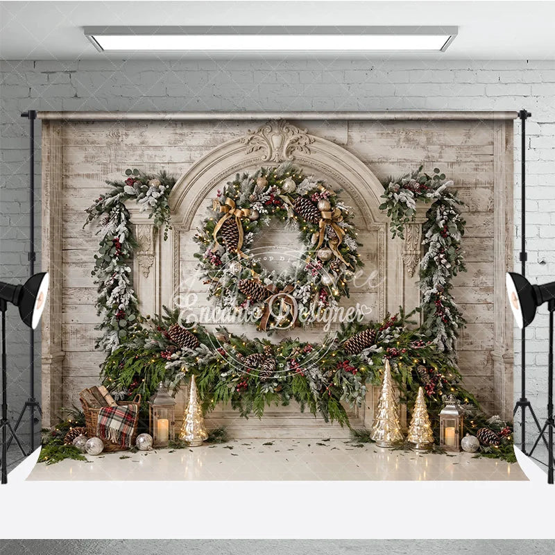 Aperturee - Aperturee Elegant White Wood Fireplace Christmas Holiday Backdrop Frosted Garland Pinecones and Red Berries Winter Celebration