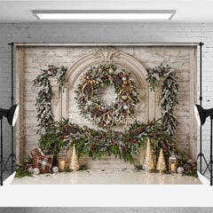 Aperturee - Aperturee Elegant White Wood Fireplace Christmas Holiday Backdrop Frosted Garland Pinecones and Red Berries Winter Celebration