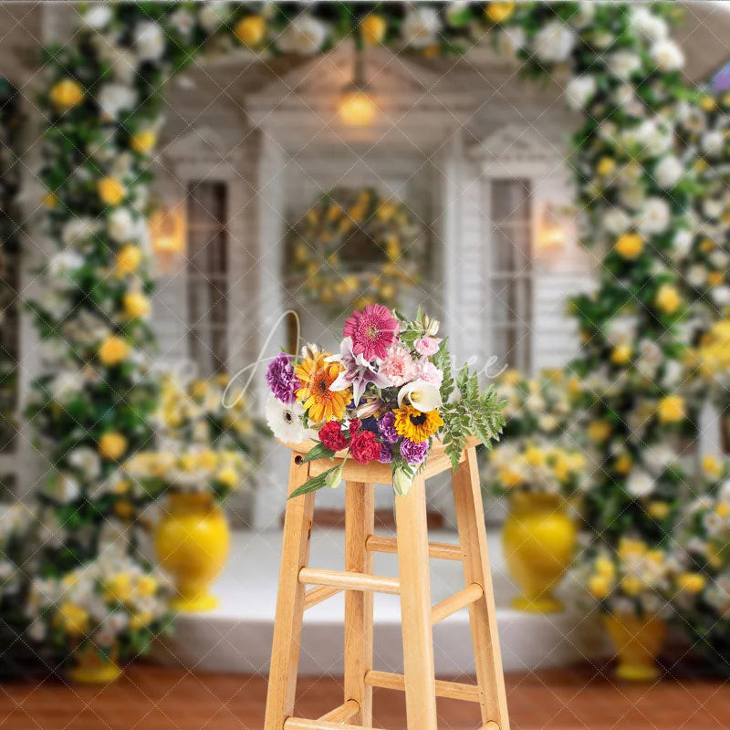 Aperturee - Aperturee Elegant White Wooden House Photography Backdrop with Yellow and White Roses Floral Archway and Garden Scene