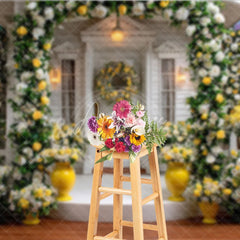 Aperturee - Aperturee Elegant White Wooden House Photography Backdrop with Yellow and White Roses Floral Archway and Garden Scene
