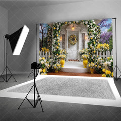 Aperturee - Aperturee Elegant White Wooden House Photography Backdrop with Yellow and White Roses Floral Archway and Garden Scene