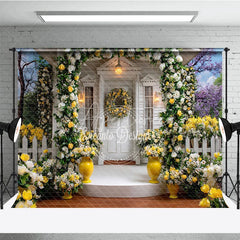 Aperturee - Aperturee Elegant White Wooden House Photography Backdrop with Yellow and White Roses Floral Archway and Garden Scene