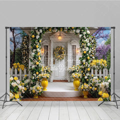 Aperturee - Aperturee Elegant White Wooden House Photography Backdrop with Yellow and White Roses Floral Archway and Garden Scene
