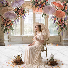 Aperturee - Aperturee Elegant Window Pillars Umbrellas Flowers Marble Floor Combo Set Backdrop Romantic Wedding Party Decor