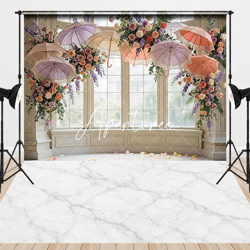 Aperturee - Aperturee Elegant Window Pillars Umbrellas Flowers Marble Floor Combo Set Backdrop Romantic Wedding Party Decor
