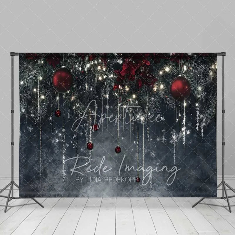 Aperturee - Aperturee Elegant Winter Night Backdrop Dark Grey Wall Hanging Icicles Red Ornaments Photo Background