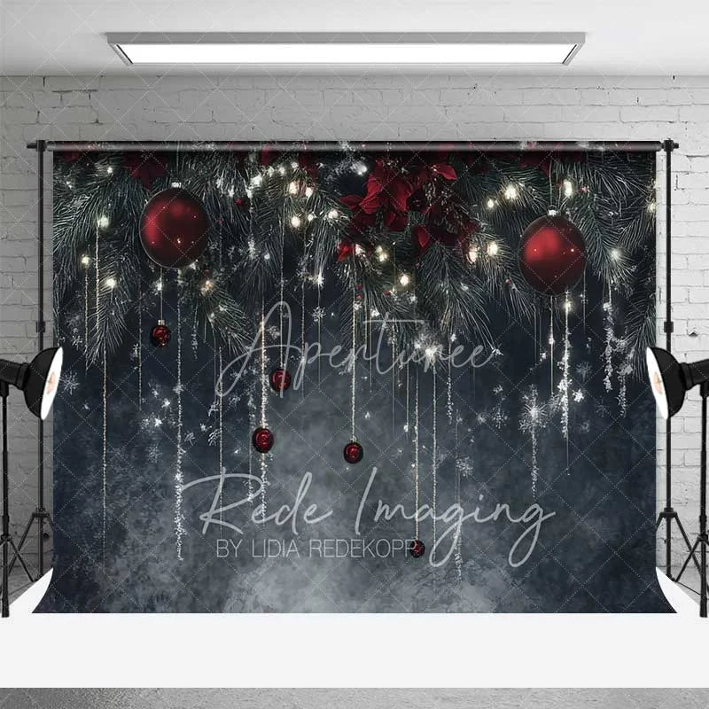 Aperturee - Aperturee Elegant Winter Night Backdrop Dark Grey Wall Hanging Icicles Red Ornaments Photo Background