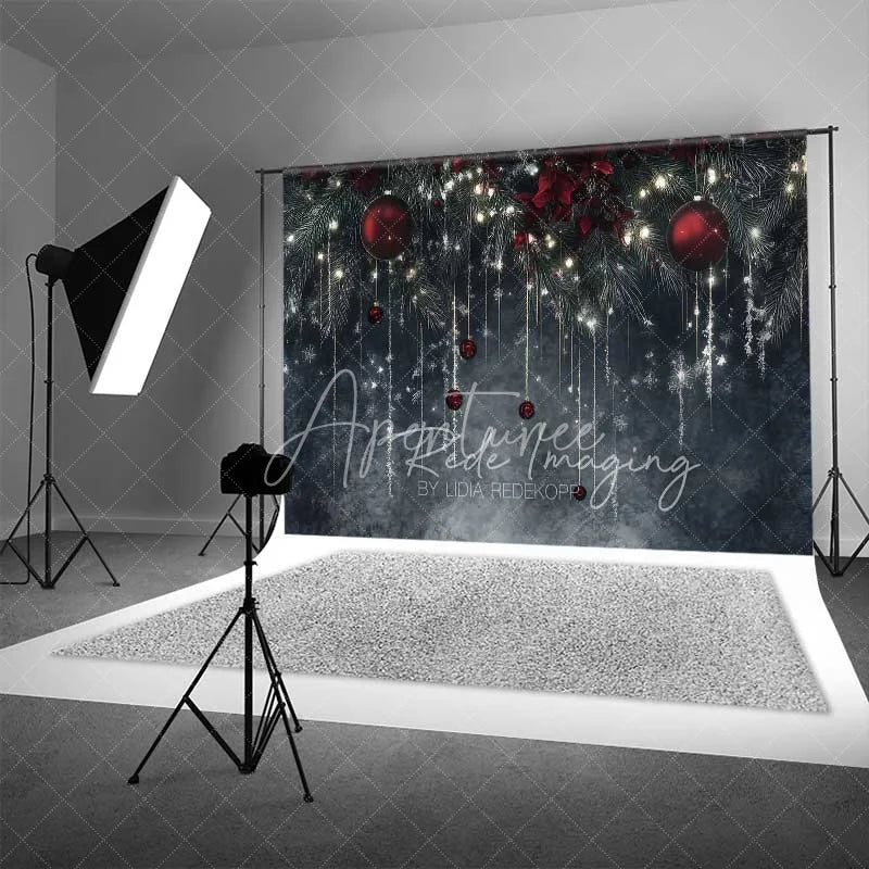 Aperturee - Aperturee Elegant Winter Night Backdrop Dark Grey Wall Hanging Icicles Red Ornaments Photo Background