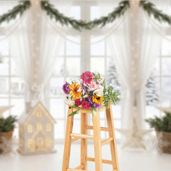 Aperturee - Aperturee Elegant Winter Window Holiday Backdrop with Snow Scene Festive Garlands and Illuminated House Decor
