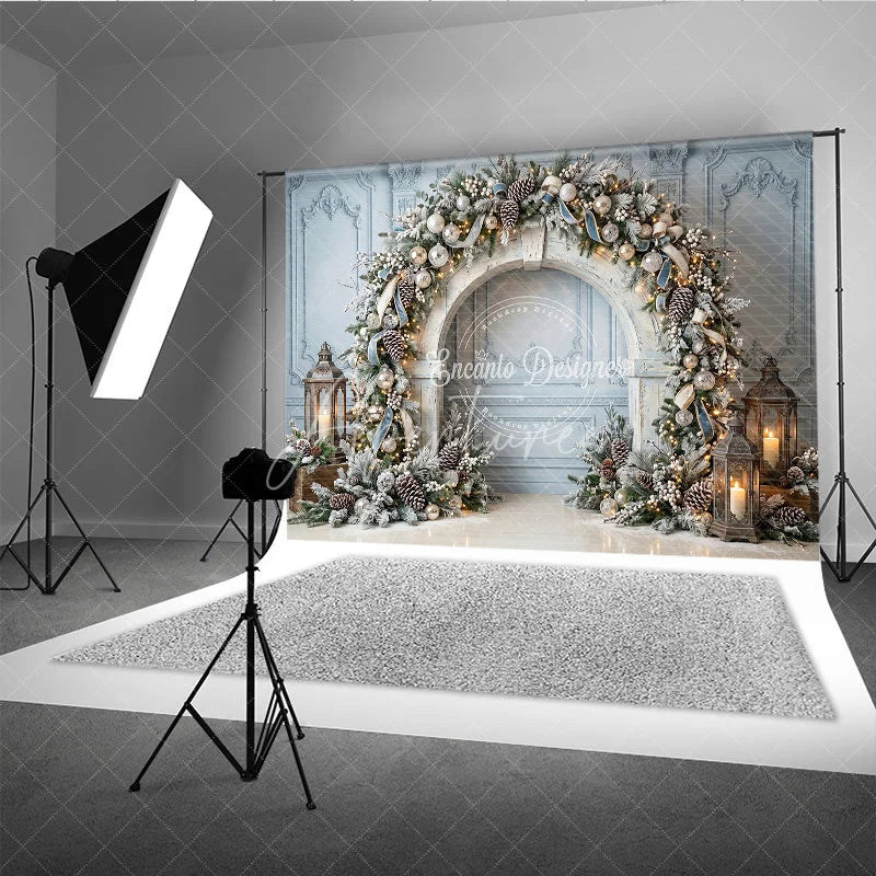 Aperturee - Aperturee Elegant Winter Wonderland Holiday Backdrop Frosted Pine and Ornaments with String Lights Archway