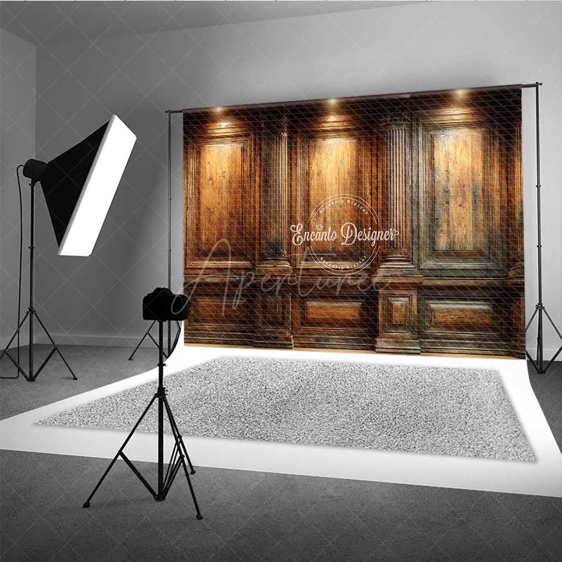 Aperturee - Aperturee Elegant Wood Wall Photography Backdrop Vintage Library or Office with Spotlights Classic Dark Academia Photo Prop