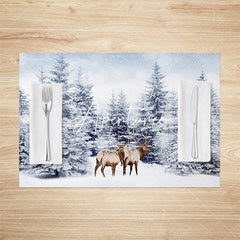 Aperturee - Aperturee Elk Snowland Pine Forest Winter Set Of 4 Placemats
