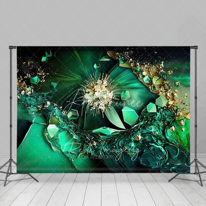 Aperturee - Aperturee Emerald Green Crystal Burst Abstract Backdrop Gold Fluid Art Photography Background Elegant Party Decor