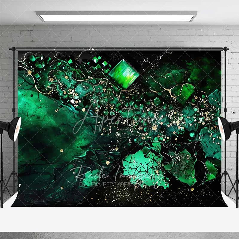 Aperturee - Aperturee Emerald Green Fluid and Cubic Gems Backdrop Gold Speckles Abstract Photography Background Elegant Party Decor