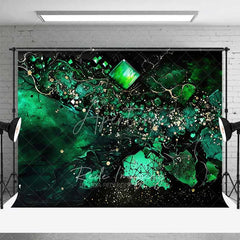 Aperturee - Aperturee Emerald Green Fluid and Cubic Gems Backdrop Gold Speckles Abstract Photography Background Elegant Party Decor