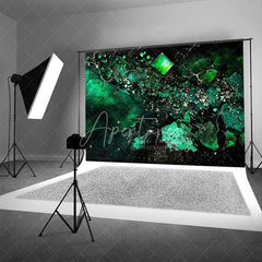 Aperturee - Aperturee Emerald Green Fluid and Cubic Gems Backdrop Gold Speckles Abstract Photography Background Elegant Party Decor