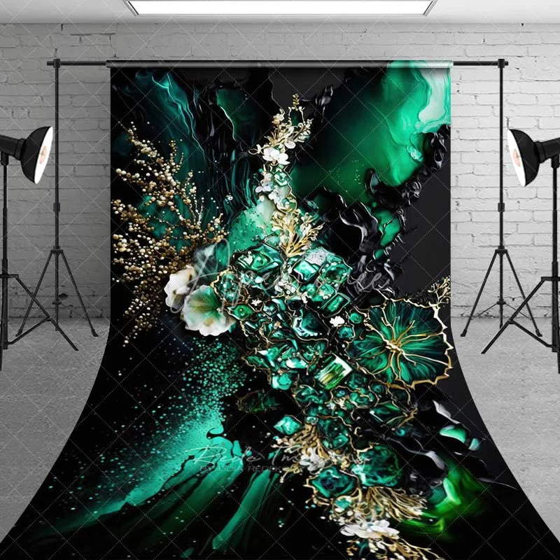 Aperturee - Aperturee Emerald Green Fluid Art and Gold Floral Backdrop Luxury Abstract Geode Texture Photography Background