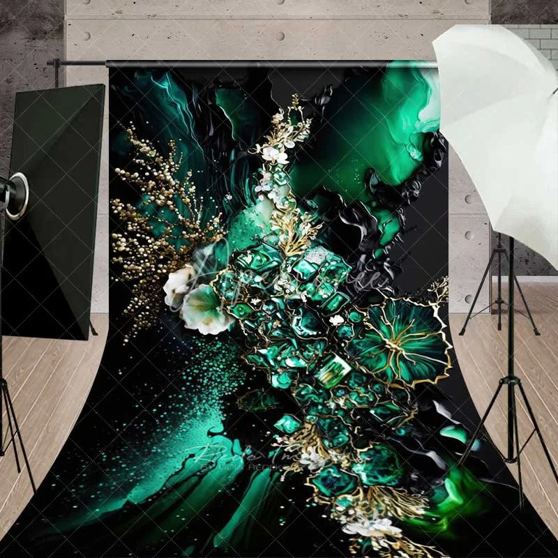 Aperturee - Aperturee Emerald Green Fluid Art and Gold Floral Backdrop Luxury Abstract Geode Texture Photography Background