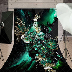 Aperturee - Aperturee Emerald Green Fluid Art and Gold Floral Backdrop Luxury Abstract Geode Texture Photography Background