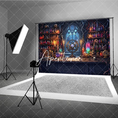 Aperturee - Aperturee Enchanted Alchemist Workshop Photography Backdrop Gothic Window Celestial Armillary Sphere Magical Potions and Scrolls