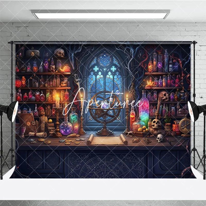 Aperturee - Aperturee Enchanted Alchemist Workshop Photography Backdrop Gothic Window Celestial Armillary Sphere Magical Potions and Scrolls