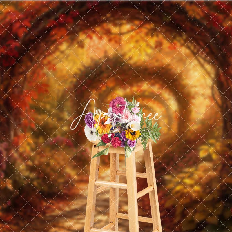 Aperturee - Aperturee Enchanted Autumn Archway Path Photography Backdrop Vibrant Red and Orange Fall Colors for Photoshoot