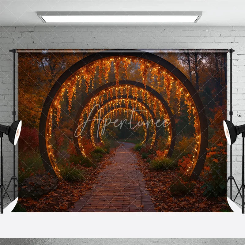 Aperturee - Aperturee Enchanted Autumn Forest Photography Backdrop Path Through Glowing Arches Magical Fall Wedding Photo Background