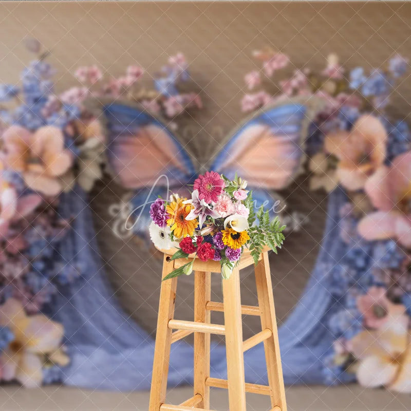 Aperturee - Aperturee Enchanted Butterfly Photography Backdrop Pink and Blue Floral Arch Magical Maternity or Wedding Photo Booth