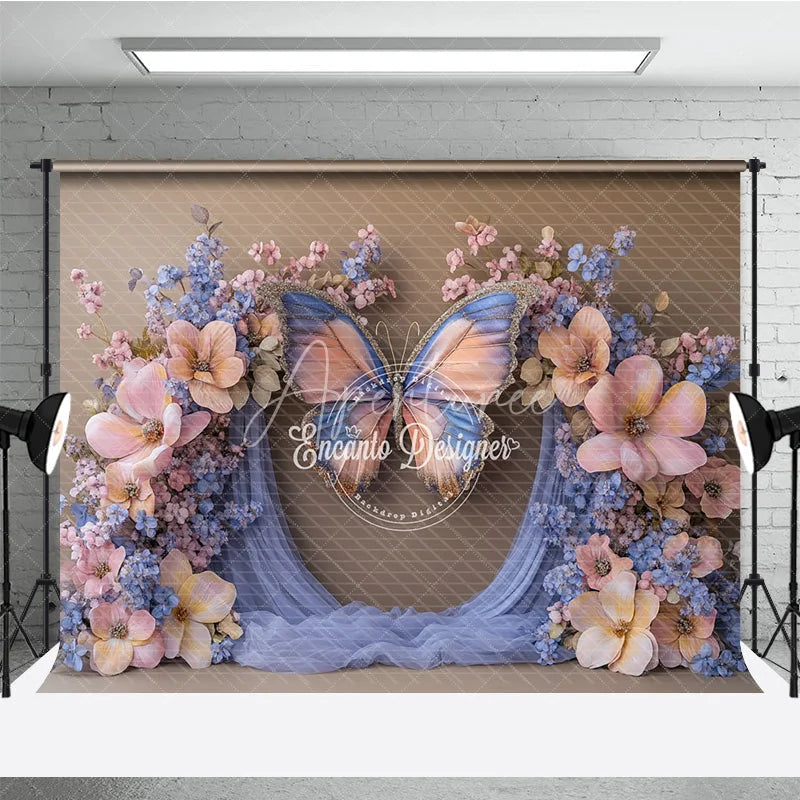 Aperturee - Aperturee Enchanted Butterfly Photography Backdrop Pink and Blue Floral Arch Magical Maternity or Wedding Photo Booth