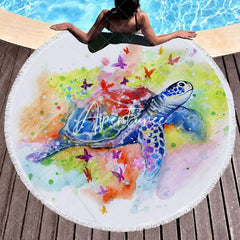 Aperturee - Aperturee Enchanted Butterfly Turtle Colored Round Beach Towel