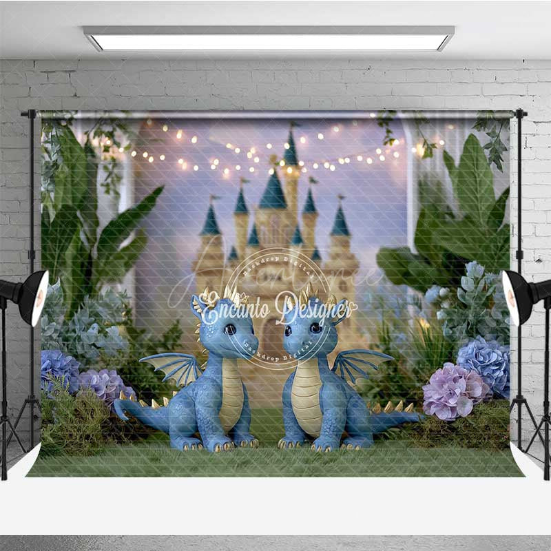 Aperturee - Aperturee Enchanted Castle Cake Smash Photography Backdrop Cute Twin Dragons with Fairy Lights Magical Birthday Prop