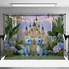 Aperturee - Aperturee Enchanted Castle Cake Smash Photography Backdrop Cute Twin Dragons with Fairy Lights Magical Birthday Prop