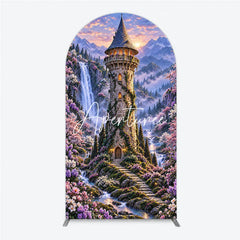 Aperturee - Aperturee Enchanted Castle Tower Waterfall Round Top Arch Backdrop Magical Fairytale Cherry Blossom Forest Sunset Decor