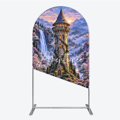 Aperturee - Aperturee Enchanted Castle Tower Waterfall Round Top Arch Backdrop Magical Fairytale Cherry Blossom Forest Sunset Decor