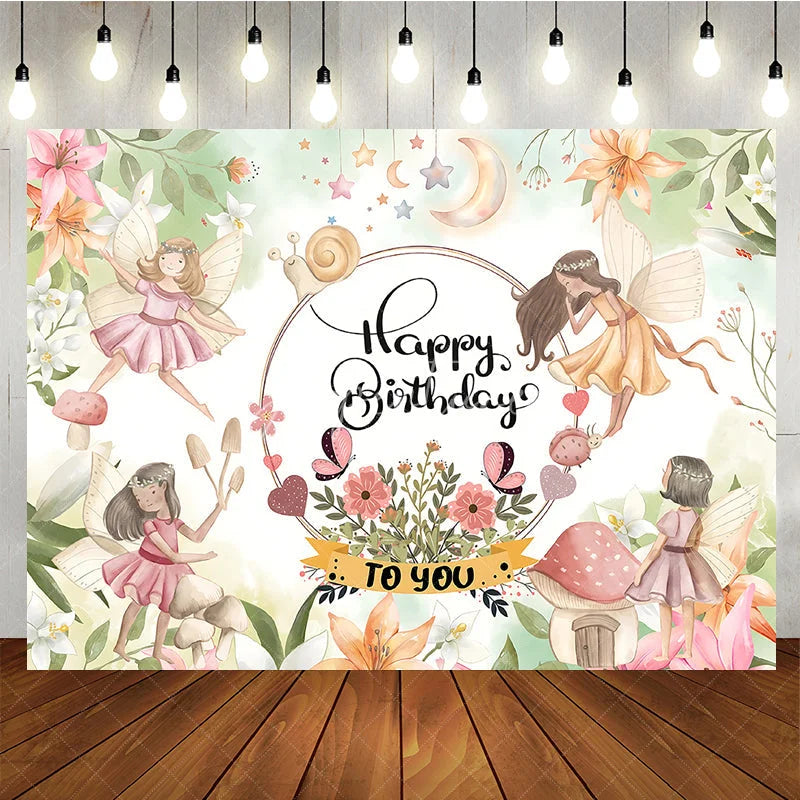 Aperturee - Aperturee Enchanted Fairy Garden Happy Birthday Backdrop with Whimsical Fairies Mushrooms and Pastel Flowers for Girls Party