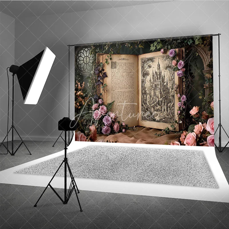 Aperturee - Aperturee Enchanted Fairytale Castle Illustration Open Book Photography Backdrop Vintage Rose and Ivy Garden Scene.