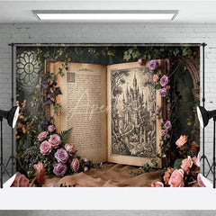 Aperturee - Aperturee Enchanted Fairytale Castle Illustration Open Book Photography Backdrop Vintage Rose and Ivy Garden Scene.