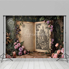 Aperturee - Aperturee Enchanted Fairytale Castle Illustration Open Book Photography Backdrop Vintage Rose and Ivy Garden Scene.
