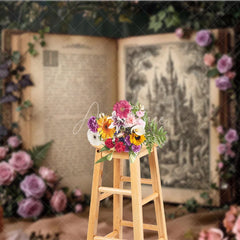 Aperturee - Aperturee Enchanted Fairytale Castle Illustration Open Book Photography Backdrop Vintage Rose and Ivy Garden Scene.